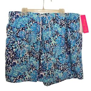 NWT Lilly Pulitzer Capri Light Aqua Spritz Blue and White Swirl Print Swim Trunk